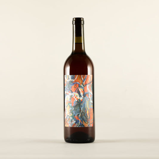 Wine bottle with a colorful label on a white background