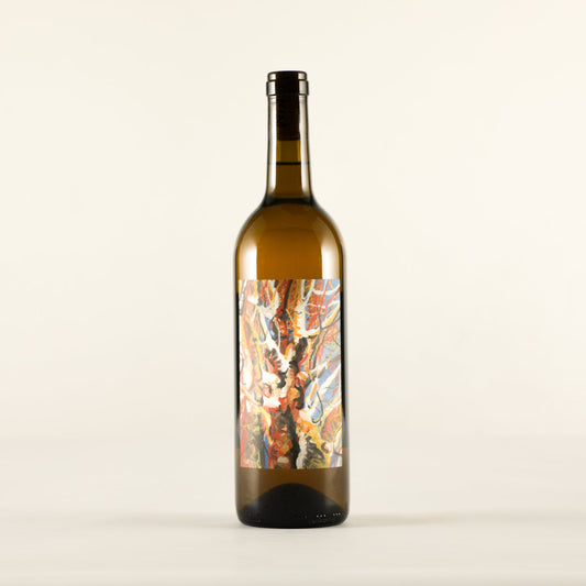 Wine bottle with a colorful label on a white background