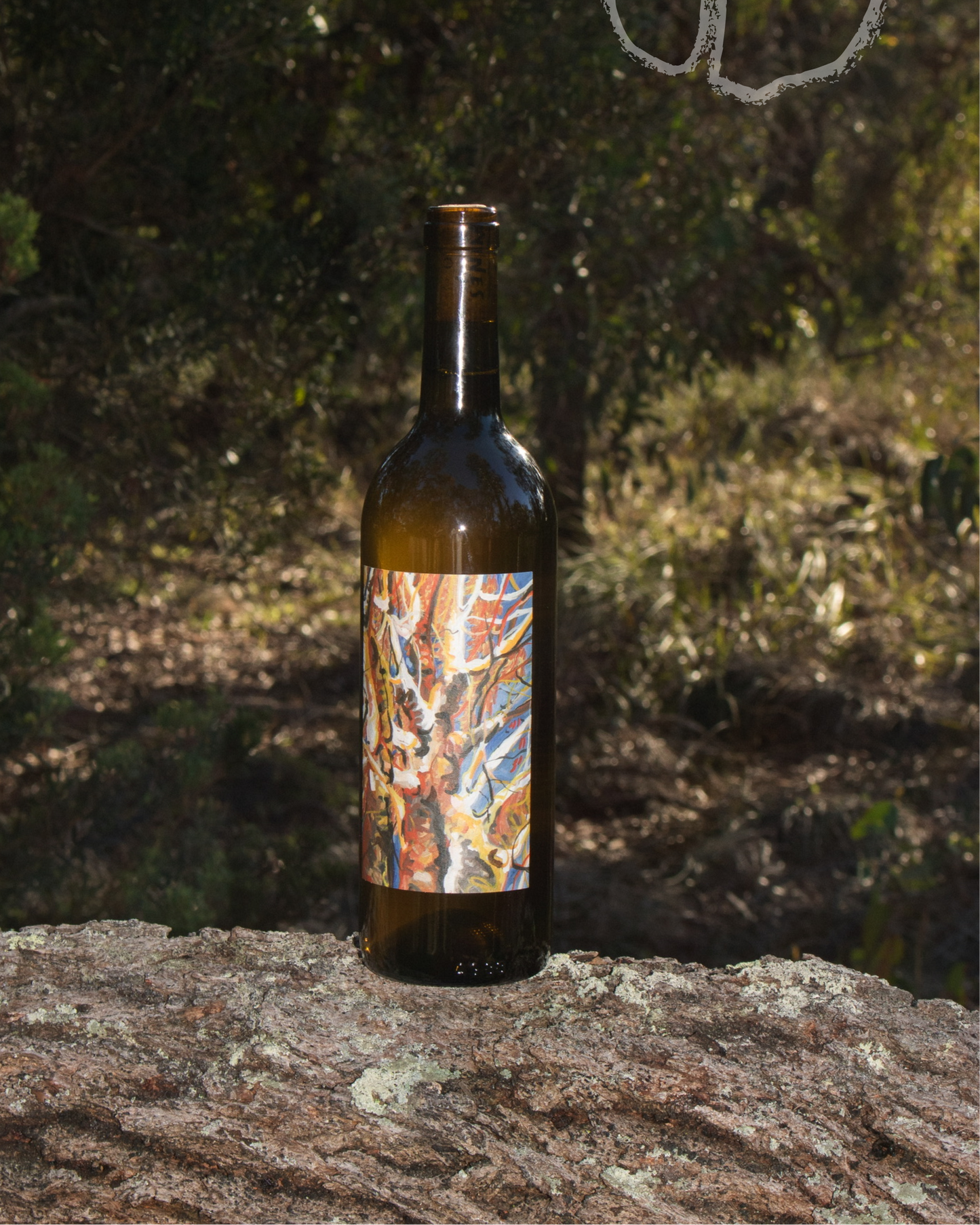 Wine bottle with a colorful label on a rock with a natural background
